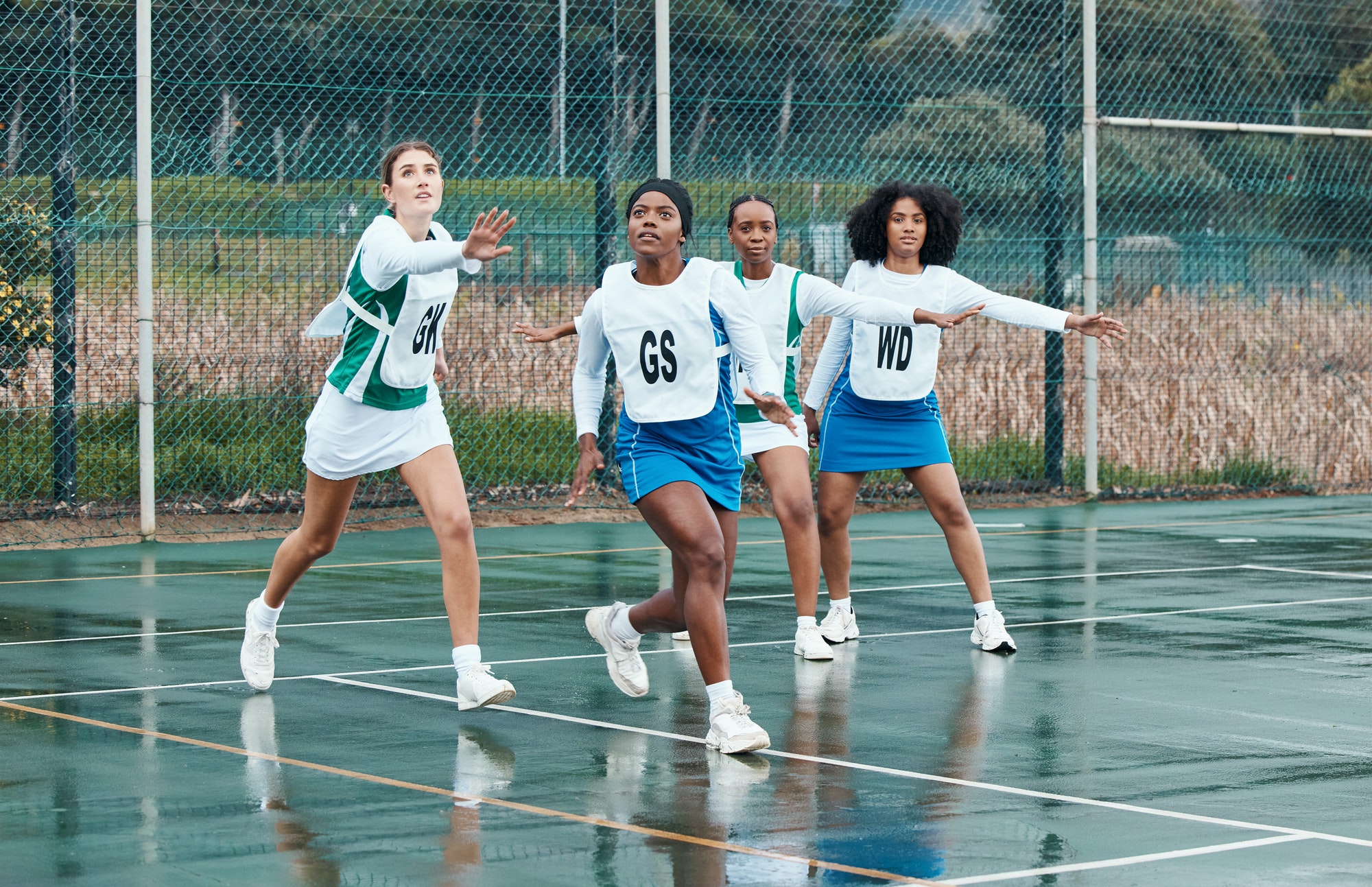 Sports, netball team and portrait of women training in competition, game or match. Fitness, group a